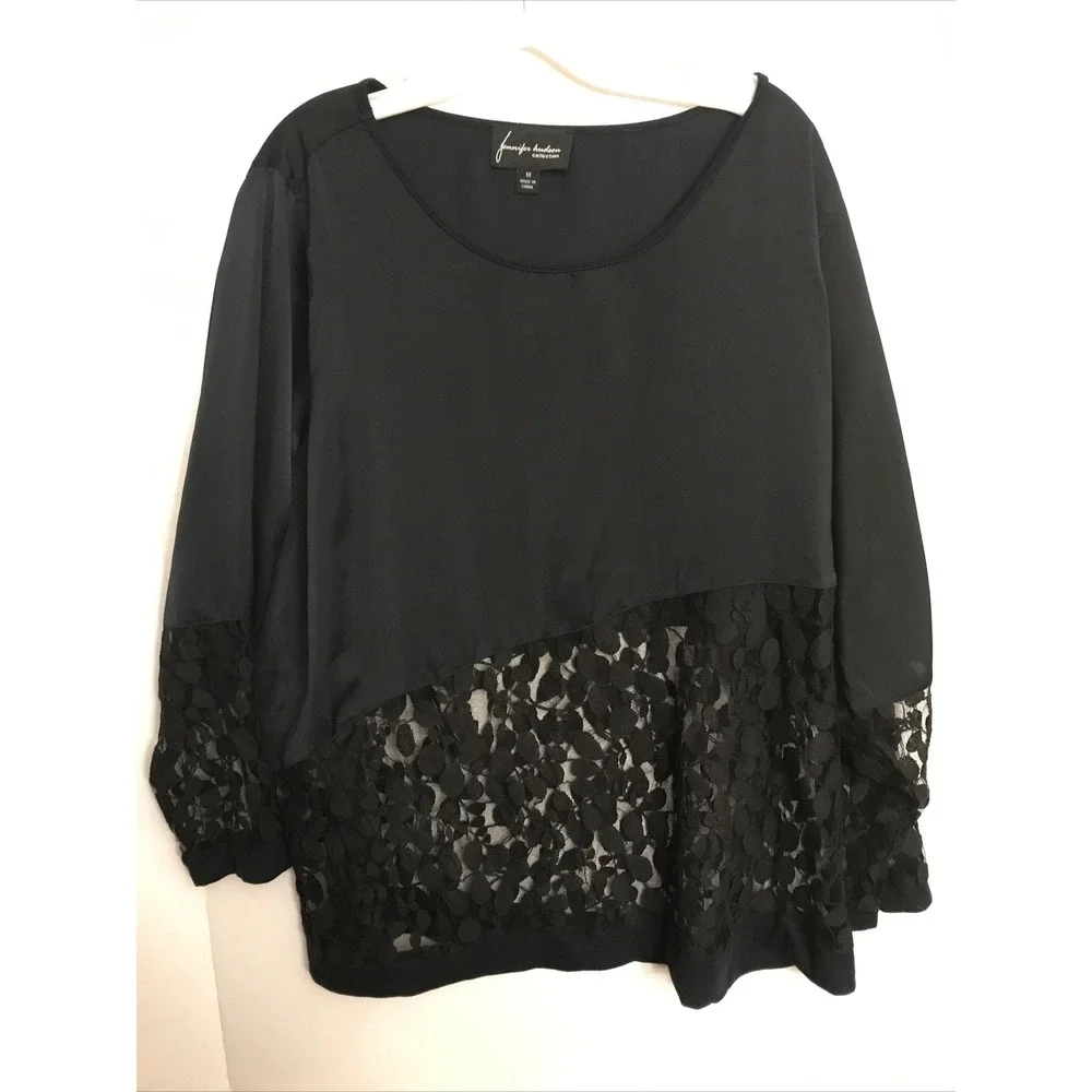 Jennifer Hudson 1X Black‎ crepe sheer leave bottom blouse top